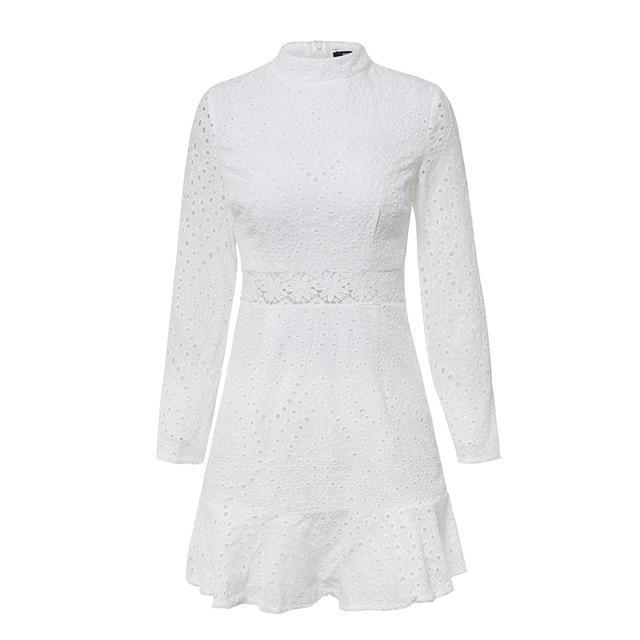 Elegant Hollow Out Autumn Ruffles Dress-women-wanahavit-White-S-wanahavit