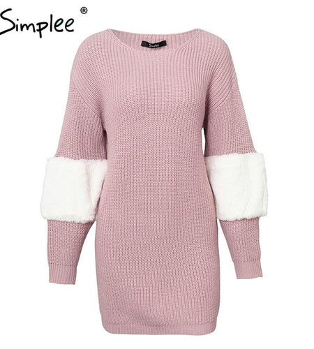 Casual Knitted Sweater Loose Spliced Dress-women-wanahavit-Pink-One Size-wanahavit