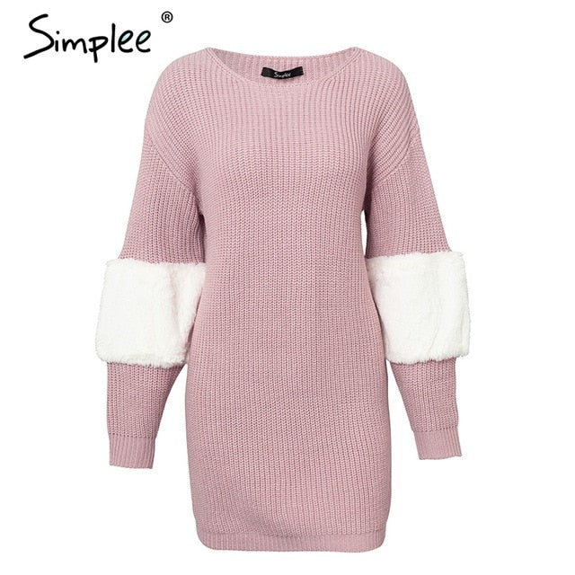 Casual Knitted Sweater Loose Spliced Dress-women-wanahavit-Pink-One Size-wanahavit