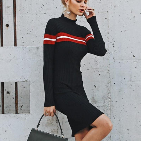 Slim Turtleneck Knitted Stripe Sweater Dress-women-wanahavit-White-M-wanahavit