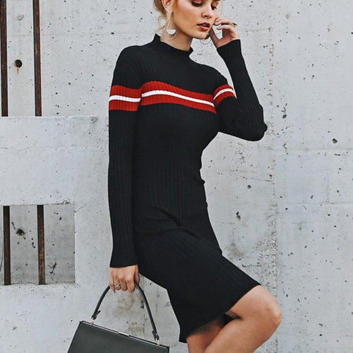 Load image into Gallery viewer, Slim Turtleneck Knitted Stripe Sweater Dress-women-wanahavit-Red-S-wanahavit
