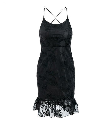 Elegant Ruffles Hem Lace Mesh Backles Sexy Bodycon Dress-women-wanahavit-Black-S-wanahavit