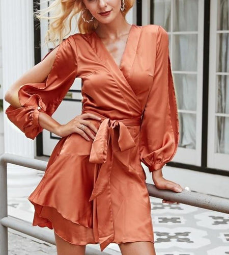 Ruffles V Neck Sash Women Flare Sleeve Satin Wrap Dress-women-wanahavit-Red-S-wanahavit
