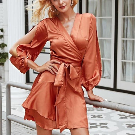 Ruffles V Neck Sash Women Flare Sleeve Satin Wrap Dress-women-wanahavit-Pink-S-wanahavit