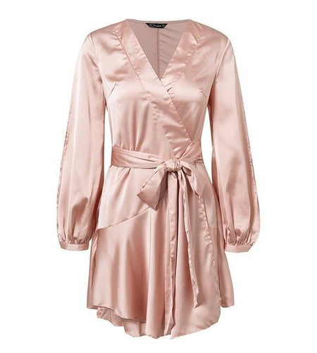 Ruffles V Neck Sash Women Flare Sleeve Satin Wrap Dress-women-wanahavit-Pink-S-wanahavit