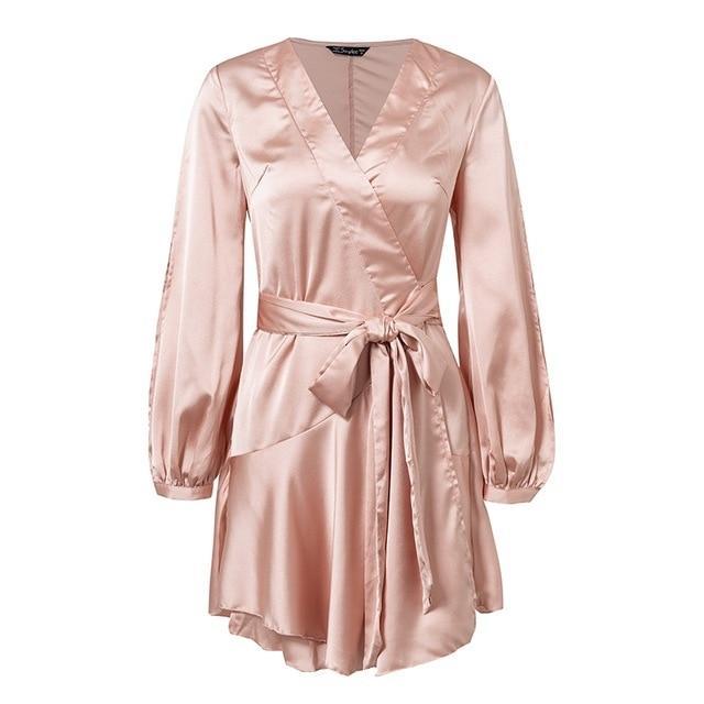 Ruffles V Neck Sash Women Flare Sleeve Satin Wrap Dress-women-wanahavit-Pink-S-wanahavit