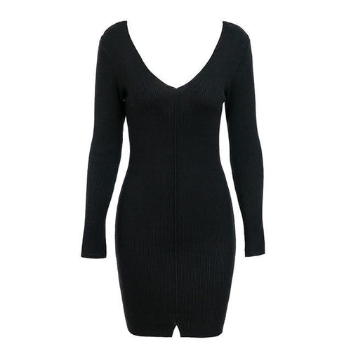 Load image into Gallery viewer, Sexy V Neck Knitted Sweater Split Long Sleeve Dress-women-wanahavit-Black-S-wanahavit
