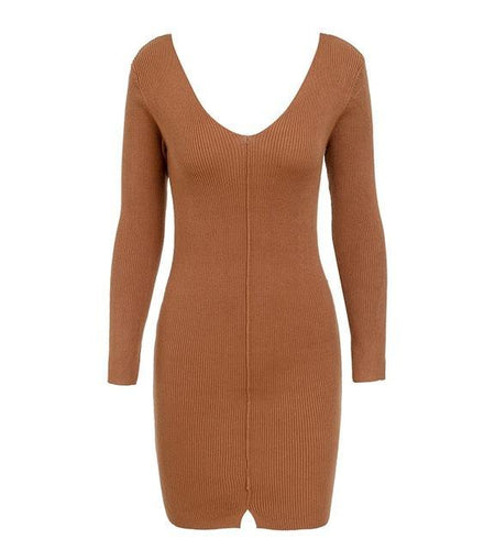 Sexy V Neck Knitted Sweater Split Long Sleeve Dress-women-wanahavit-Earth Yellow-S-wanahavit