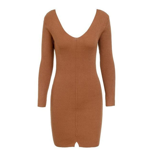 Load image into Gallery viewer, Sexy V Neck Knitted Sweater Split Long Sleeve Dress-women-wanahavit-Earth Yellow-S-wanahavit
