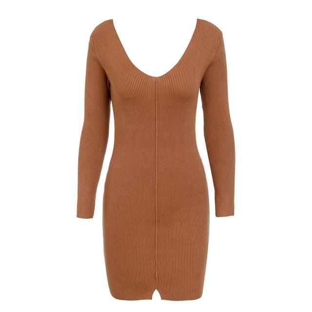 Sexy V Neck Knitted Sweater Split Long Sleeve Dress-women-wanahavit-Earth Yellow-S-wanahavit