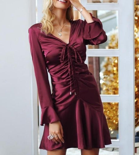 Elegant Drawstring Satin Butterfly Sleeve Sexy Party Dress-women-wanahavit-Wine red-S-wanahavit