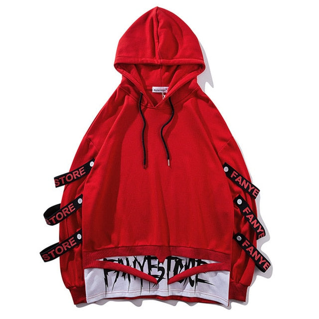 Patchwork Straps Hip Hop Hooded Pullover Sweatshirt-unisex-wanahavit-red-M-wanahavit