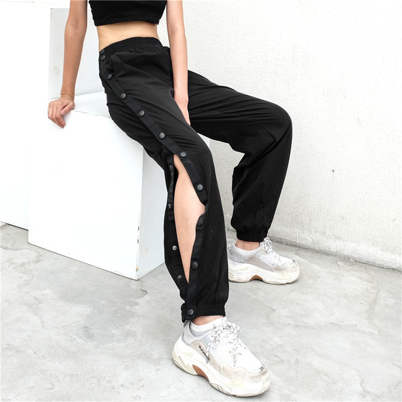Plus Size Streetwear Harajuku Side Button Split Jogger Pant-women-wanahavit-black-L-wanahavit