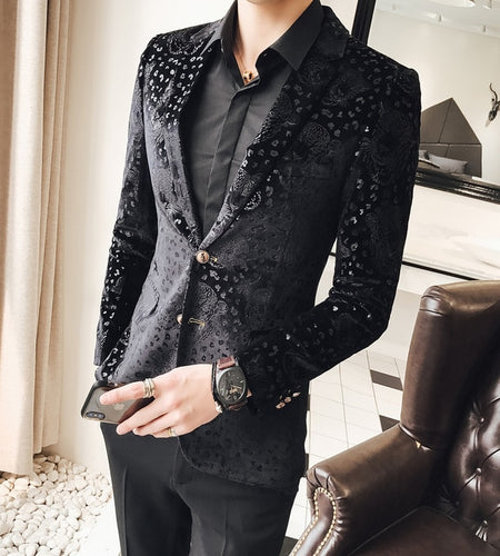 Black Velvet Flower Luxury Business Blazer-men-wanahavit-Black-M-wanahavit