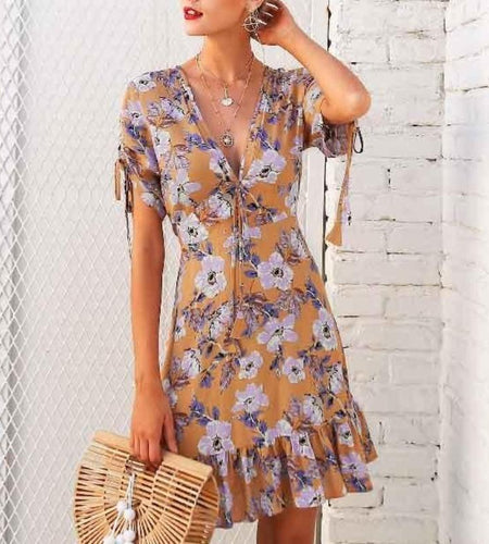 Ruffle Floral Print Sexy Drawstring Short Dress-women-wanahavit-Print-S-wanahavit