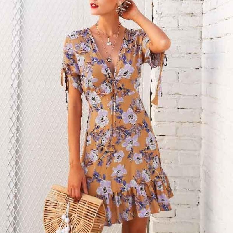 Ruffle Floral Print Sexy Drawstring Short Dress-women-wanahavit-Print-S-wanahavit