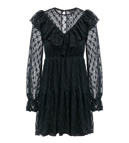 Flare Sleeve Hollow Out Ruffles Mesh Vintage Dress-women-wanahavit-Black-S-wanahavit