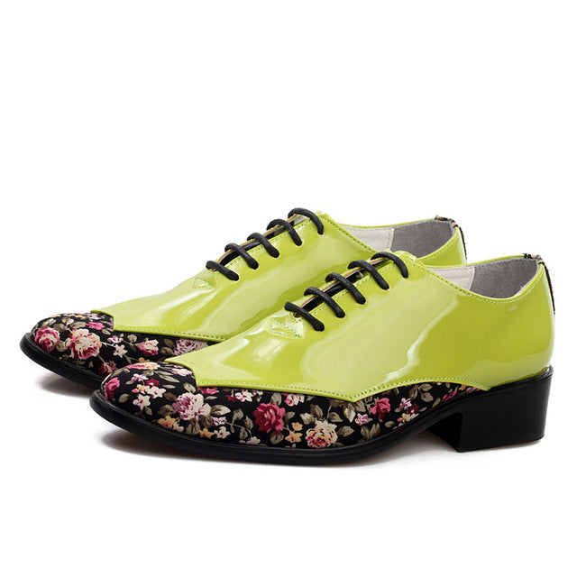 Floral Pointed Toe Oxford Patent Leather Shoes-men-wanahavit-Green Leather Shoes-6-wanahavit