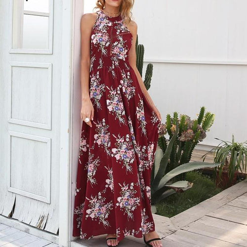 Load image into Gallery viewer, Halter Backless Summer Hollow Out Maxi Dress-women-wanahavit-Red-S-wanahavit
