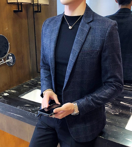 Vintage Plaid British Stylish Business Blazer-men-wanahavit-Blue-M-wanahavit