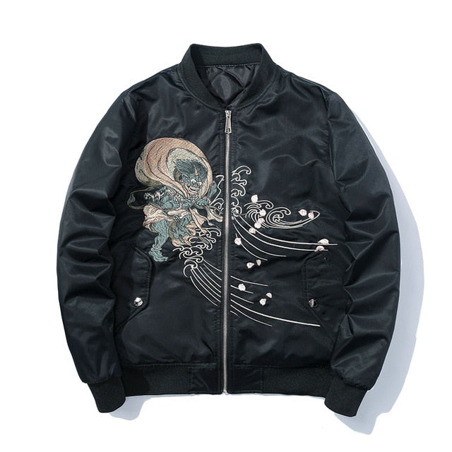Japanese Buddha Embroidery Hip Hop Stand Collar Jacket-unisex-wanahavit-Thin Black-S-wanahavit