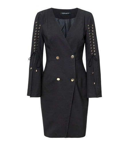 Elegant Lace Up Split Blazer Double Breasted Dress-women-wanahavit-Black-S-wanahavit