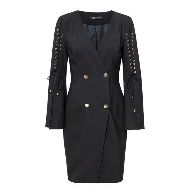 Elegant Lace Up Split Blazer Double Breasted Dress-women-wanahavit-Black-S-wanahavit