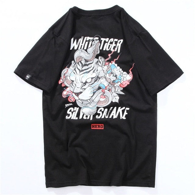 White Tiger & Snake Printed Hip Hop Streetwear Loose Tees-unisex-wanahavit-Black-Asian M-wanahavit