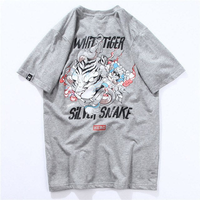 White Tiger & Snake Printed Hip Hop Streetwear Loose Tees-unisex-wanahavit-Gray-Asian M-wanahavit