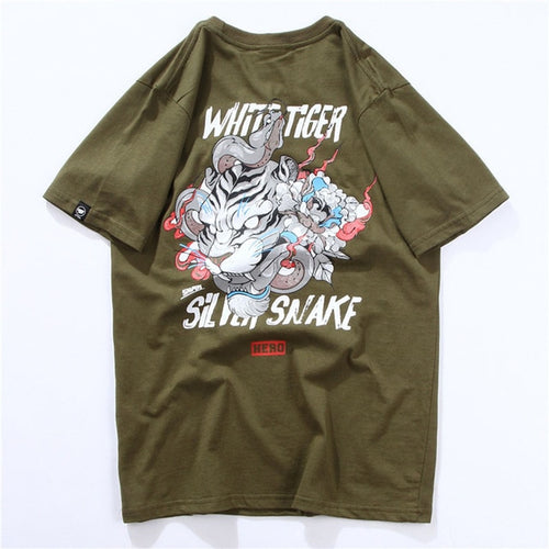 Load image into Gallery viewer, White Tiger &amp; Snake Printed Hip Hop Streetwear Loose Tees-unisex-wanahavit-Green-Asian M-wanahavit
