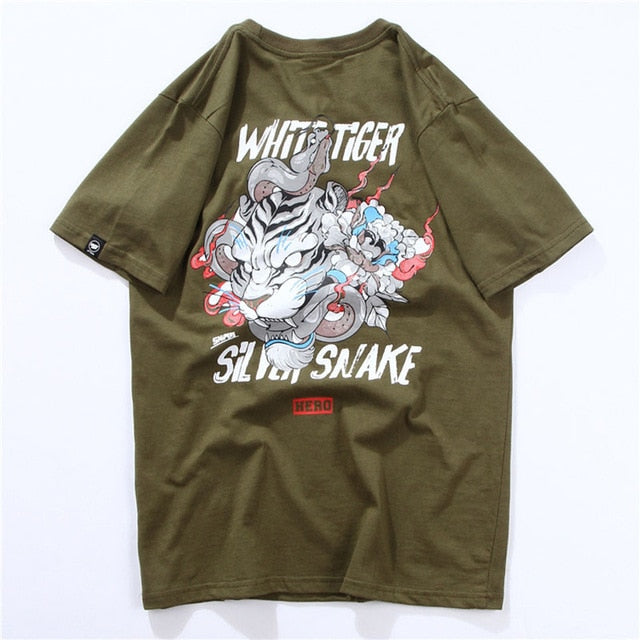 White Tiger & Snake Printed Hip Hop Streetwear Loose Tees-unisex-wanahavit-Green-Asian M-wanahavit