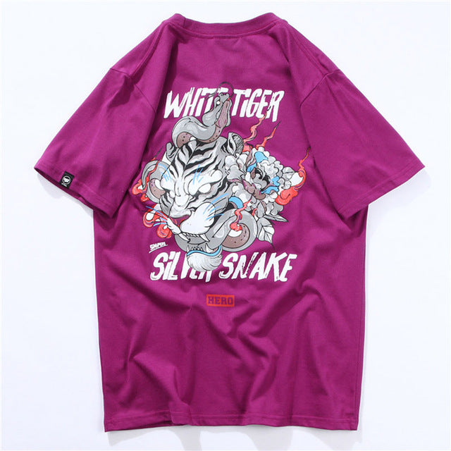 White Tiger & Snake Printed Hip Hop Streetwear Loose Tees-unisex-wanahavit-Purple-Asian M-wanahavit