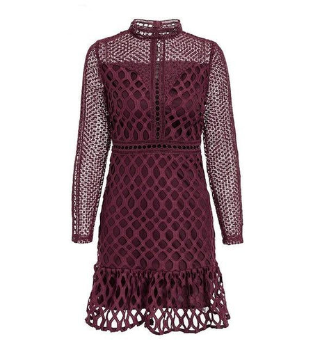 Elegant Hollow Out Ruffle Lace Dress-women-wanahavit-Burgundy-S-wanahavit