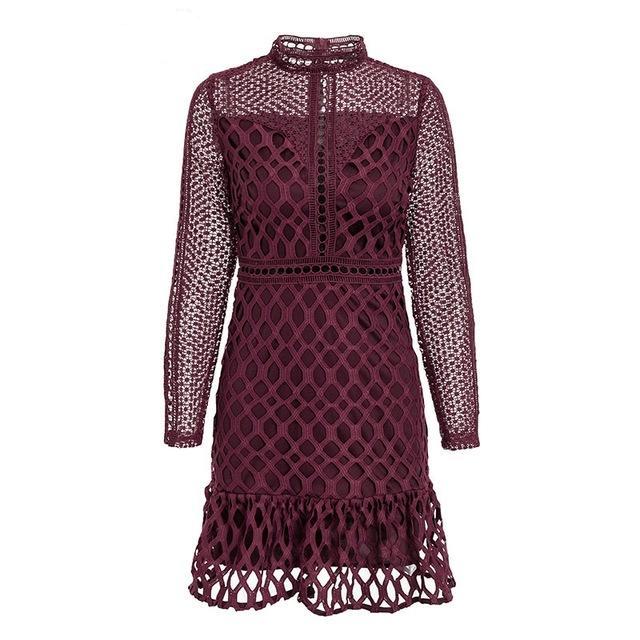 Elegant Hollow Out Ruffle Lace Dress-women-wanahavit-Burgundy-S-wanahavit