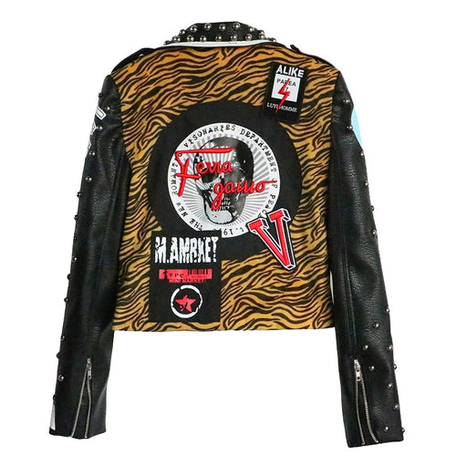 Load image into Gallery viewer, Punk Rock Skull Leopard Studded Leather Jacket-women-wanahavit-leopard-S-wanahavit
