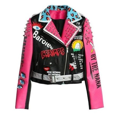 Punk Rock Pink Biker Studded Leather Jacket-women-wanahavit-Multicolor-S-wanahavit