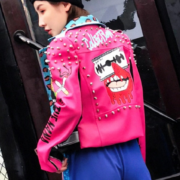 Punk Rock Pink Biker Studded Leather Jacket-women-wanahavit-Multicolor-S-wanahavit