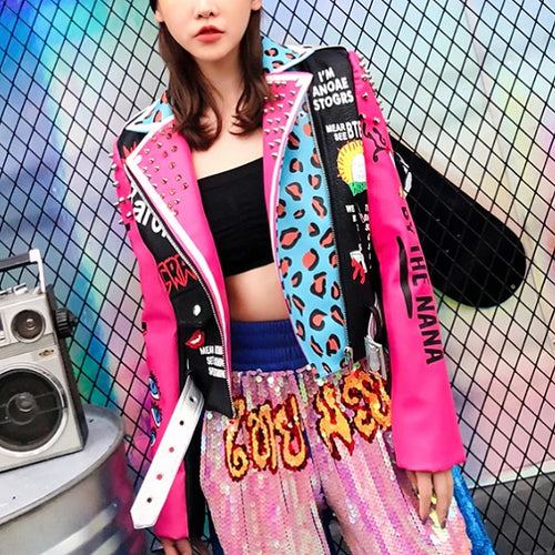 Load image into Gallery viewer, Punk Rock Pink Biker Studded Leather Jacket-women-wanahavit-Multicolor-S-wanahavit
