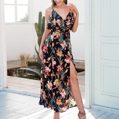 Load image into Gallery viewer, V Neck Ruffle Floral Print Summer Backless Dress-women-wanahavit-Black-S-wanahavit
