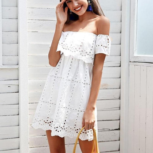 Load image into Gallery viewer, Off Shoulder Lace White Hollow Out Dress-women-wanahavit-White-S-wanahavit
