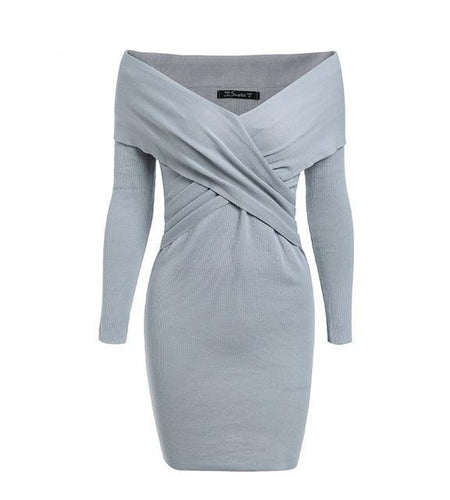 Simplee Off shoulder Criss Cross Knitted Sweater Dress-women-wanahavit-Light Grey-S-wanahavit