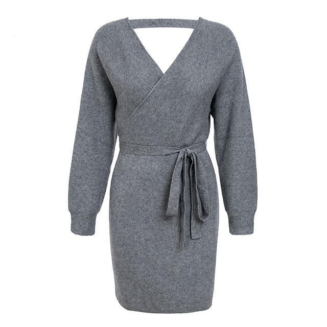 Knitted Wrap Vintage Long Sleeve Winter Dress-women-wanahavit-Gray-S-wanahavit