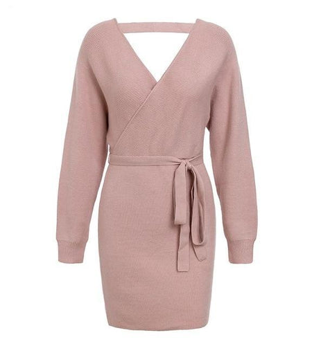 Knitted Wrap Vintage Long Sleeve Winter Dress-women-wanahavit-Pink-S-wanahavit