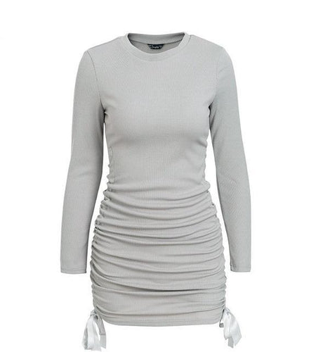 Drawstring Pink Knitted Sweater Dress-women-wanahavit-Light Gray-S-wanahavit