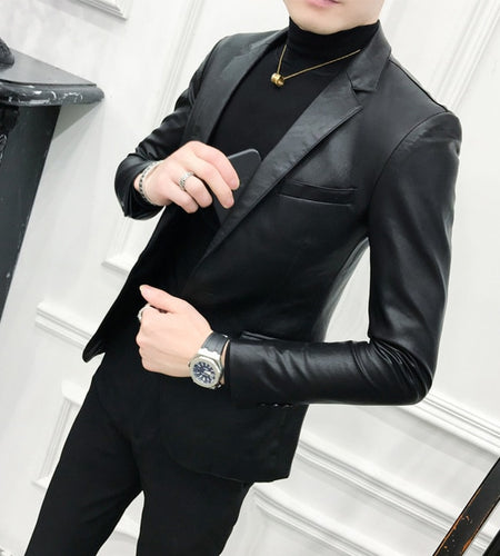 Solid Black Slim Fit PU Leather Business Blazer-men-wanahavit-black-M-wanahavit