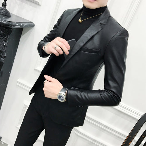 Load image into Gallery viewer, Solid Black Slim Fit PU Leather Business Blazer-men-wanahavit-black-M-wanahavit
