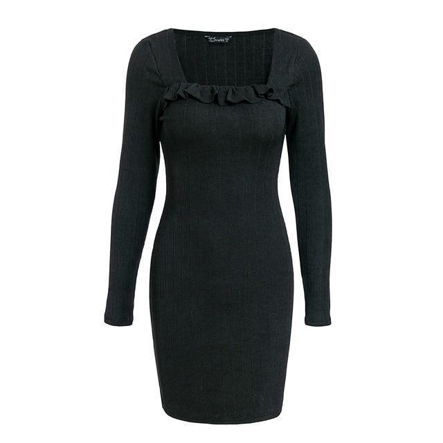 Ruffles Square Neck Knitted Sweater Dress-women-wanahavit-Black-S-wanahavit