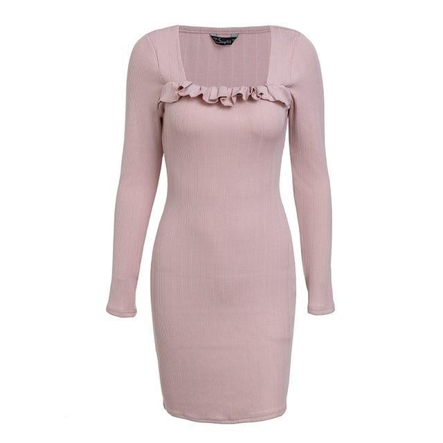 Ruffles Square Neck Knitted Sweater Dress-women-wanahavit-Nude Pink-S-wanahavit