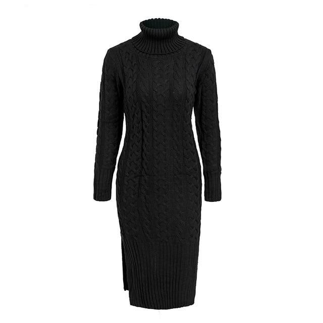 Elegant Side Split Warm Long Sleeve Turtleneck Dress-women-wanahavit-Black-One Size-wanahavit