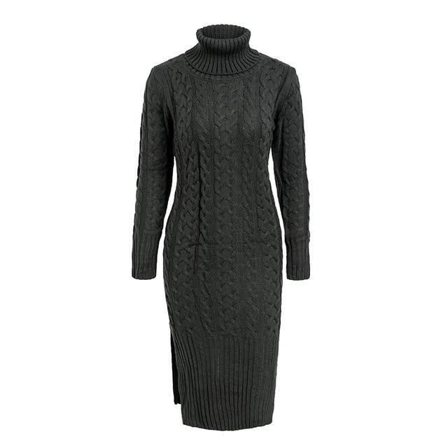 Elegant Side Split Warm Long Sleeve Turtleneck Dress-women-wanahavit-Dark Grey-One Size-wanahavit